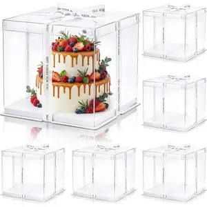 6 Pcs Clear 2-Layer Cake Box with Ribbon, 10x10x10 Inch Transparent Cake Carrier Box with Lids, PET Tall Cake Packaging Boxes, Clear Gift Boxes for Mother's Day Birthday Wedding Festival Party