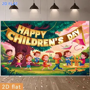 2D Flat Banner 1pc, Party Banners Banner, Polyester Backdrop Tree Banner Happy Children's Day Background Park Play Kids Celebration Decor, for Party Decor Farm, Home, Club, Room, Garden, No Electricity, Easy t