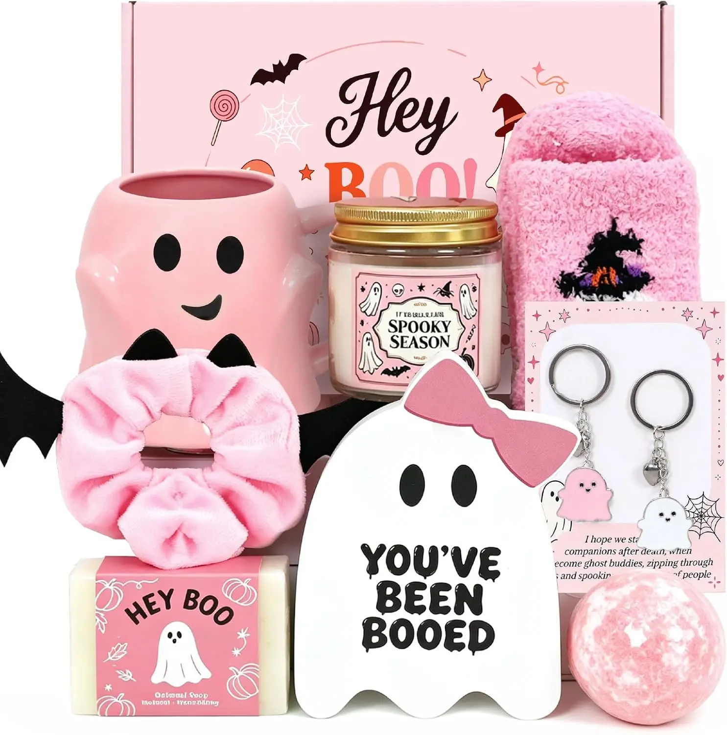 Halloween Boo Basket Stuffers for Women, 8 Pcs Halloween Gifts for Women Teen Girls Adults, Cute Ghost Mug, Cozy Socks, Bracelet & Self Care Gifts, Spooky Halloween Gift Basket Care Package