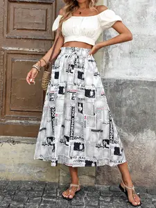 Women Y2K Newspaper Print Long Skirt for Women High Elastic Wait Vintage Line Midi Skirt 90s With Double Pockets