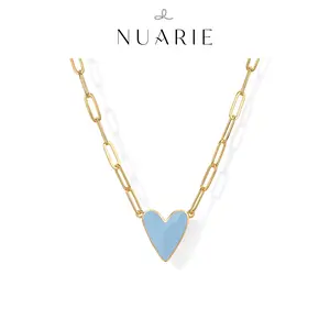 NUARIE Mini Heart Paperclip Link Chain Necklace Dainty Y2K Layering Pendant Trendy Aesthetic Jewelry Gift for Her Gold Plated Blue Enamel necklace metal