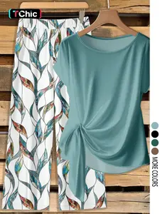 Women's Casual Khaki Bow-Tie Shirt & Loose Straight Geometric Print Pants 2 Pieces Set, Suitable For Spring & Summer