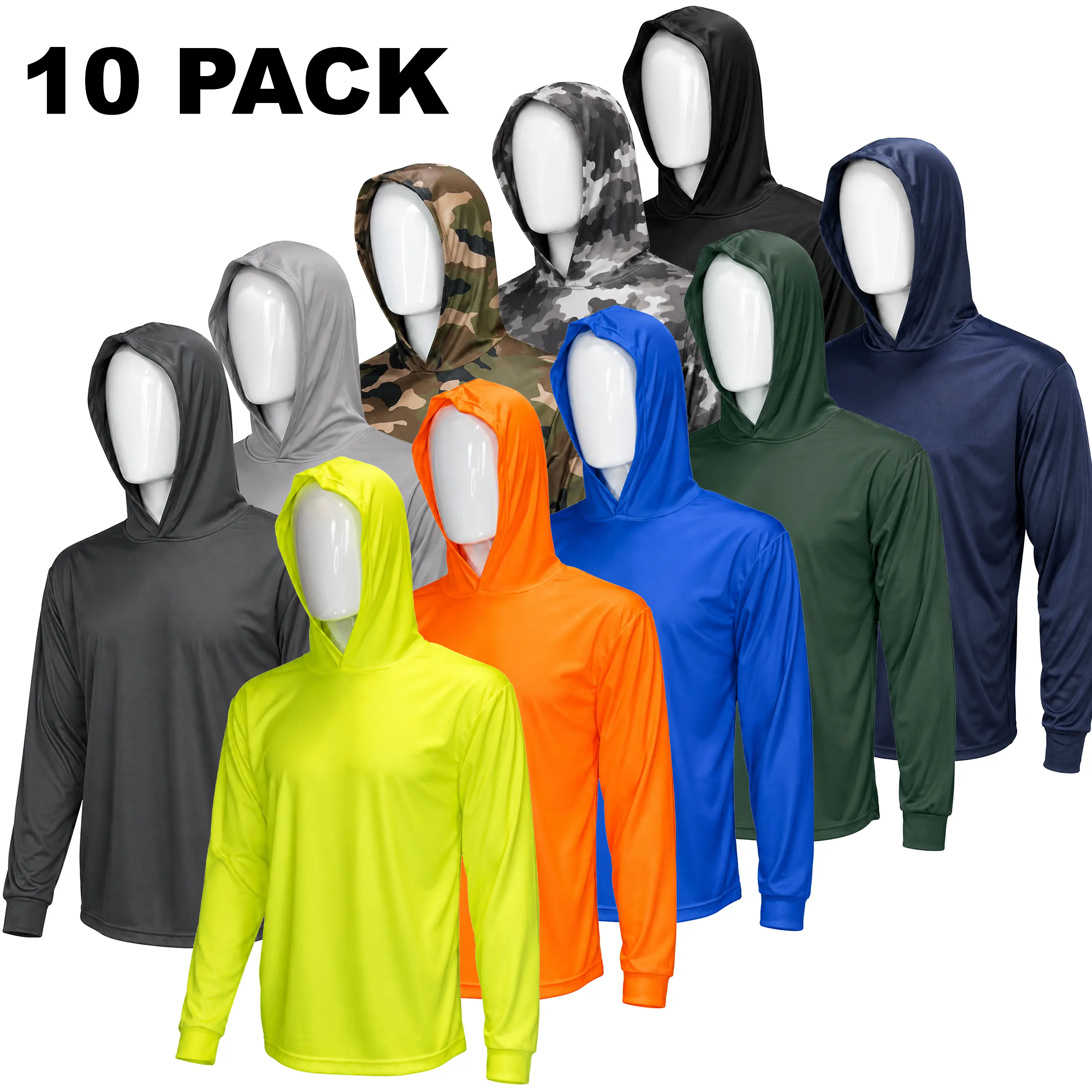 10 Pack Hi-Visibility Ultra-Lightweight Long-Sleeve Hoodie Shirts, Polyester Birdeye Fabric for Quick Dry