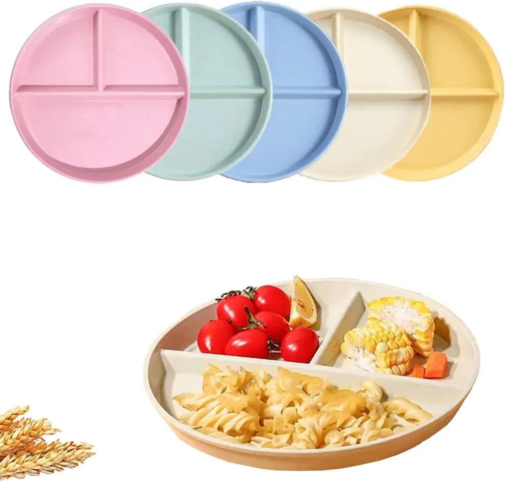 (5 Pack) Portion Control Plate for Balanced Eating, 9" Unbreakable Divided Plates,3 Compartment Plates,  Plastic Plates,  for Adults
