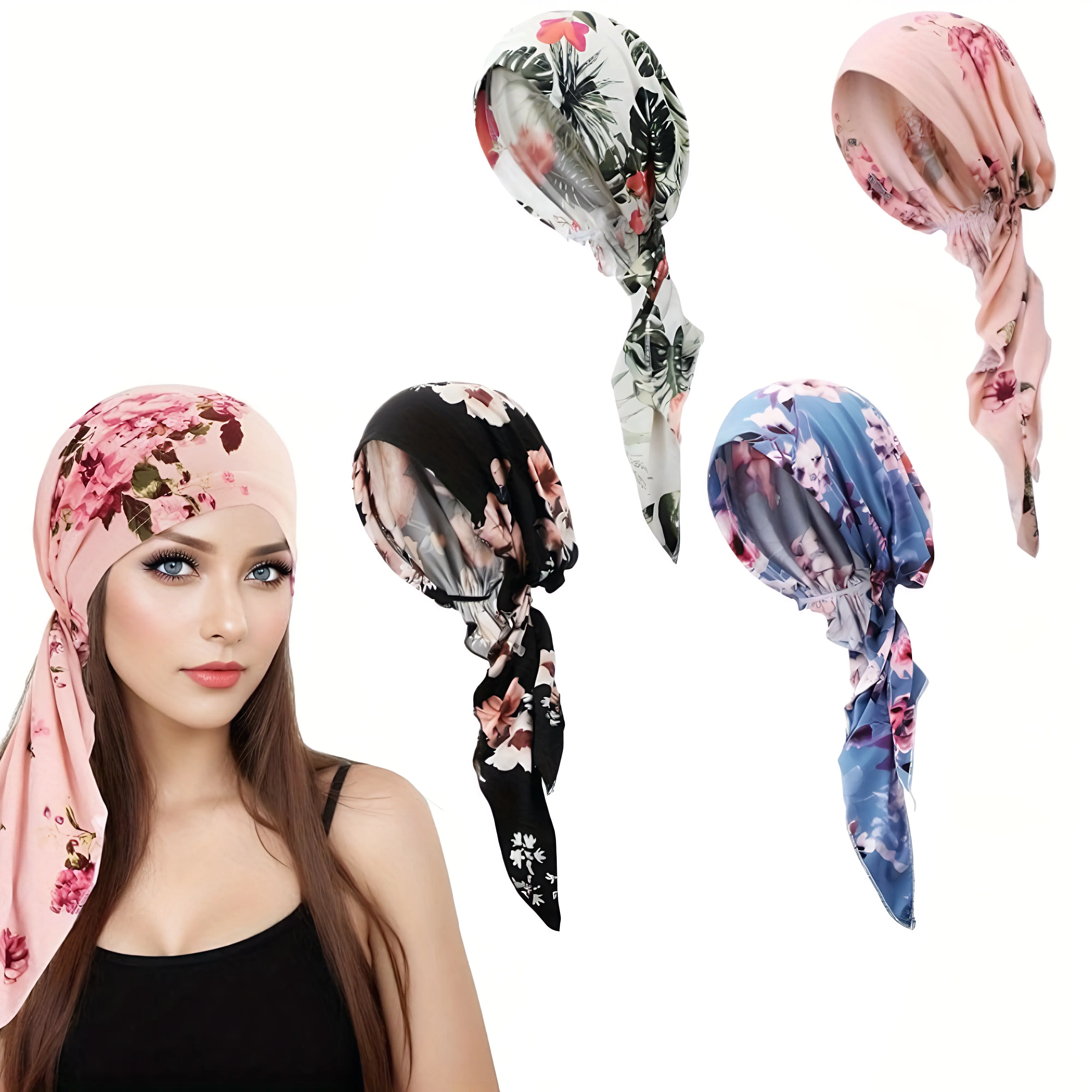A Set of 4 Pcs Pre-Tied Floral Headscarf Chemo Cap,One Size Fits Most 21.7–23.7",Cancer Caps Head Scarf Turbans for Women Patients,Halloween Christmas Party Gifts
