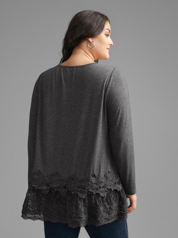 BLOOMCHIC V Neck Lace Panel Jersey Top - Loose Fit Extra Long Sleeve Blouse in DimGray DarkGreen Mauve for Womenswear Garment Fabric