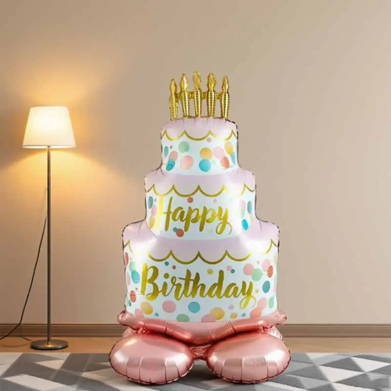 Standing Polka Dot Cake Balloon, 44 Inch Happy Birthday Party Decoration, Indoor Outdoor Event Prop, Room Decor