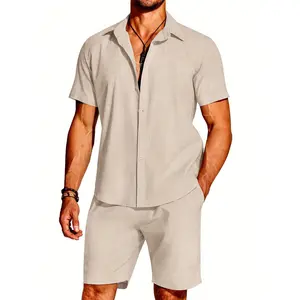 [Cotton Linen Suit] Two-Piece Cotton and Linen Men's Suit - Short-Sleeved Button-Shirt Summer Beach Shorts - Novelty Casual Wear