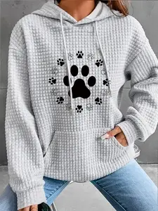Women's Trendy Fashion Hooded Sweatshirt Dog Paw Print, Long Sleeve Pullover with Pocket, Fall & Winter Casual Top, Womenswear