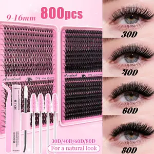 800PCS 30D40D60D80D DIY Lash Clusters 9-16MM Mix Length Single Box/Gift Set Optional |Soft Lightweight Natural Voluminous Long Lasting Reusable Beginner Friendly with Glue Tweezer Brush All Day Comfort natural look