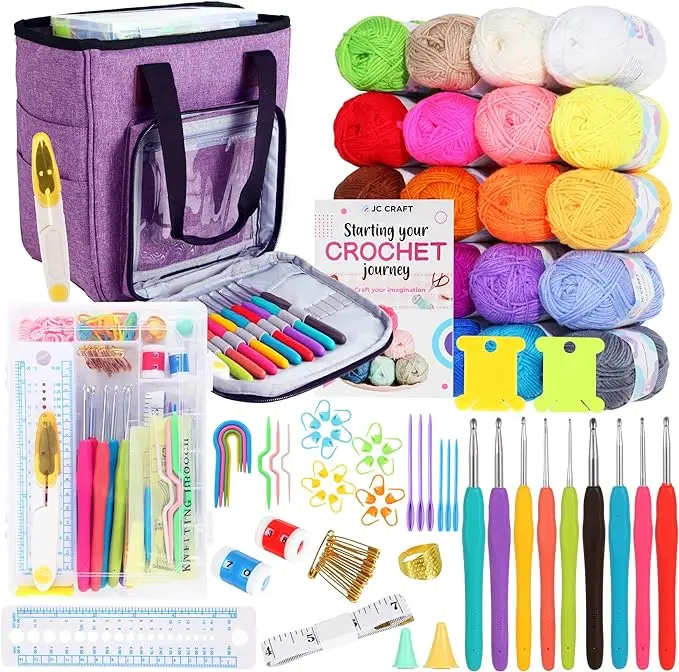 JC CRAFT Ultimate 137-Piece Crochet Kit: 20 Colored 50g Yarns, Complete Crochet Accessories, Ergonomic and Aluminum Hooks, Stylish Storage Bag – Perfect for Beginners with 1970 Yards of Yarn!