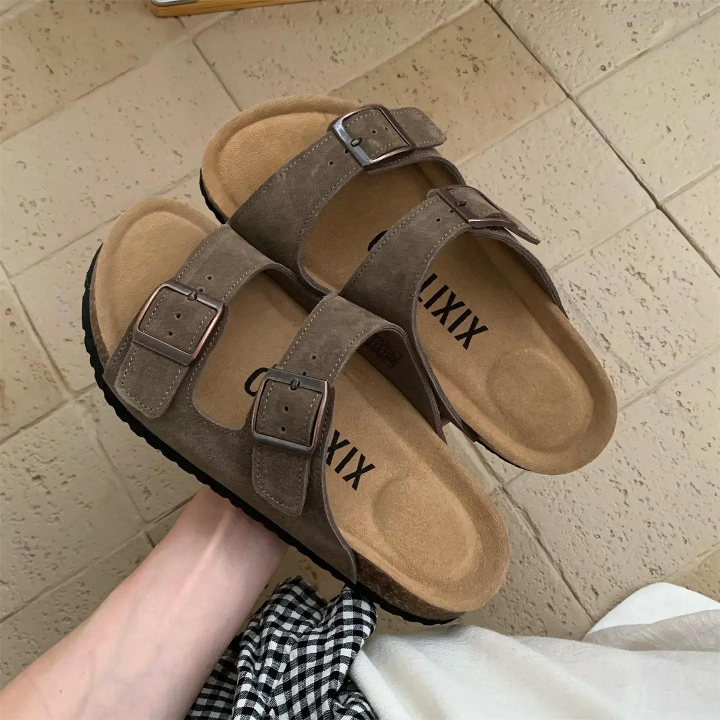 XUNBAI Adjustable Double Buckle Cork Slides Women Men, Open Toe Slip On Slippers, Soft Footbed Summer Beach Casual Outdoor Sandals