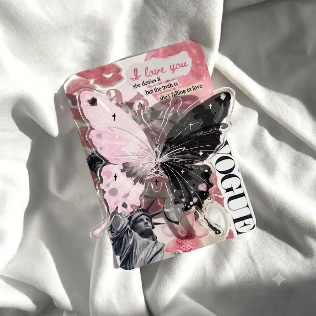 Half Pink Half Black Butterfly Phone Grip, Pastel Goth Split Wing Acrylic Phone Holder, Dark Coquette Aesthetic Griptok, Y2K Fairycore Alt Girl Cellphone Accessory Gift