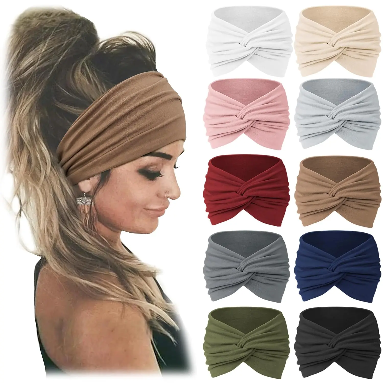 10 Pack Turban Headbands for Women, Soft Moisture-Wicking Fabric, Wide Knotted Boho Hair Wraps for Casual, Beach & Party Use, Home, Yoga, Female, Elastic, Work, Stretch Elastic, Boho Wrap, 5.1 Inches Wide, All Seasons, 9.2 Inches Long, Wide Width