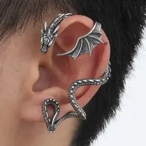 Men's clip-on earrings without ear holes, with wing-shaped designs, vintage stainless steel, fire dragon motif, left ear cross-shaped magnet clip-on earrings, long drop earrings, men's personalized and fashionable accessories.