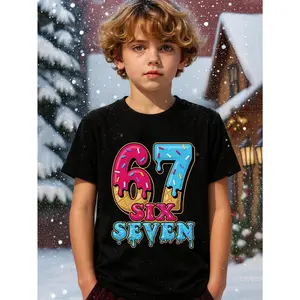 Young Boy's Ice Cream SIX SEVEN 67 Meme Fun Funny Christmas 67 Meme Fun Graphic Cotton T-Shirt For Young Boys, Black Christmas Family Gift Shirts For Christmas Holiday Fun Young Boys T-Shirt - Ice Cream Pattern, Summer Kids Funny 67 Meme SIX SEVEN Top, Ro