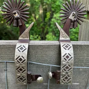 Pair Men’s Size Brown Steel Western Spurs Engraved Silver Oversized Rowels
