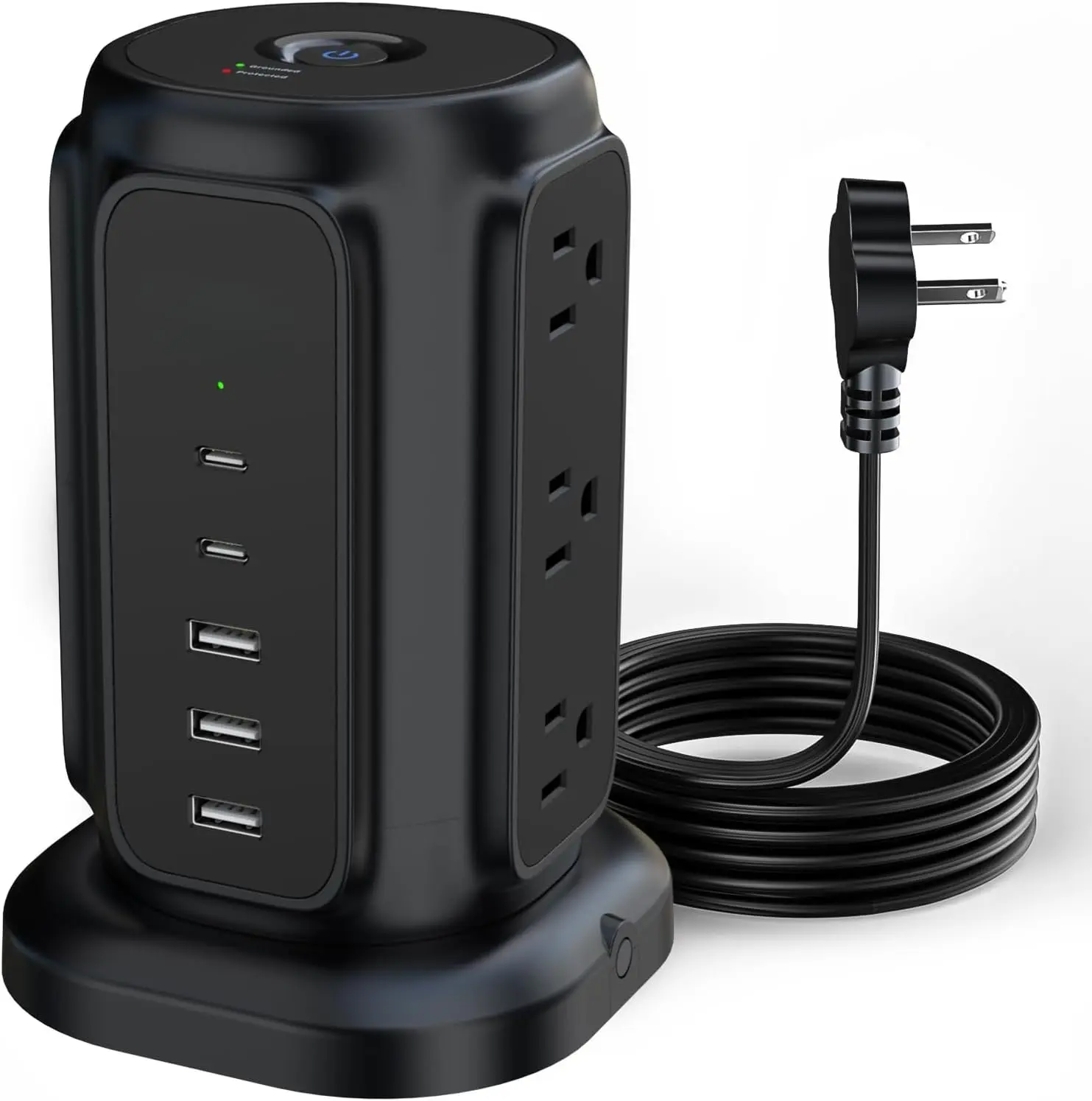 Flat Plug Power Strip Tower with 9 Outlets 5 USB Ports (2 USB C),  1625W 6.5Feet Extension Cord with Multiple Outlets, 1200J Surge Protector for Home Office Supplies, Dorm Essentials