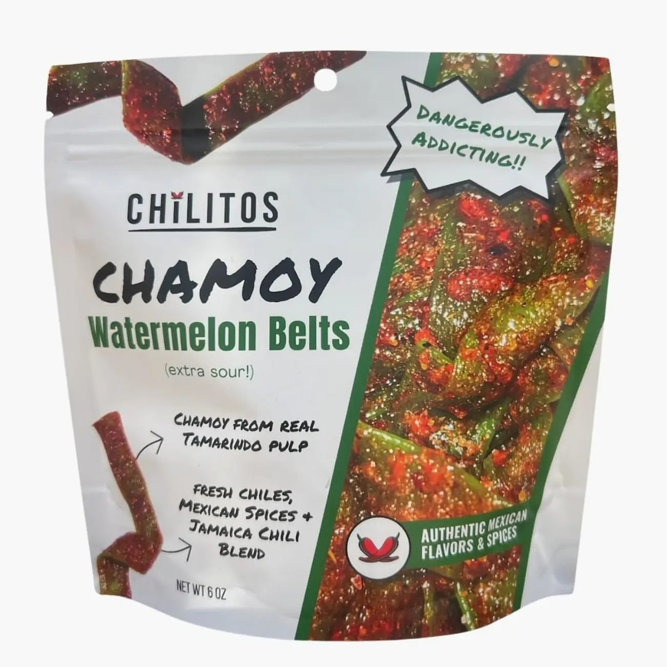 Chilitos Sweet, Sour & Spicy Chamoy Candy - Mexican Gummy Candy & Chamoy Gushers for All Ages, Authentic Dulces Mexicanos Enchilados as Seen on TikTok! (6 oz Bag, Watermelon Sour Belts)