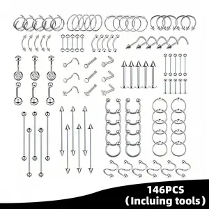 146PCS Multi-Piece Piercing Kit 14G 16G – Hypoallergenic 316L Surgical Steel Body Jewelry Set for Nose Tongue Belly Button Eyebrow Lip Cartilage – Nickel Free Starter Pack for Women Men