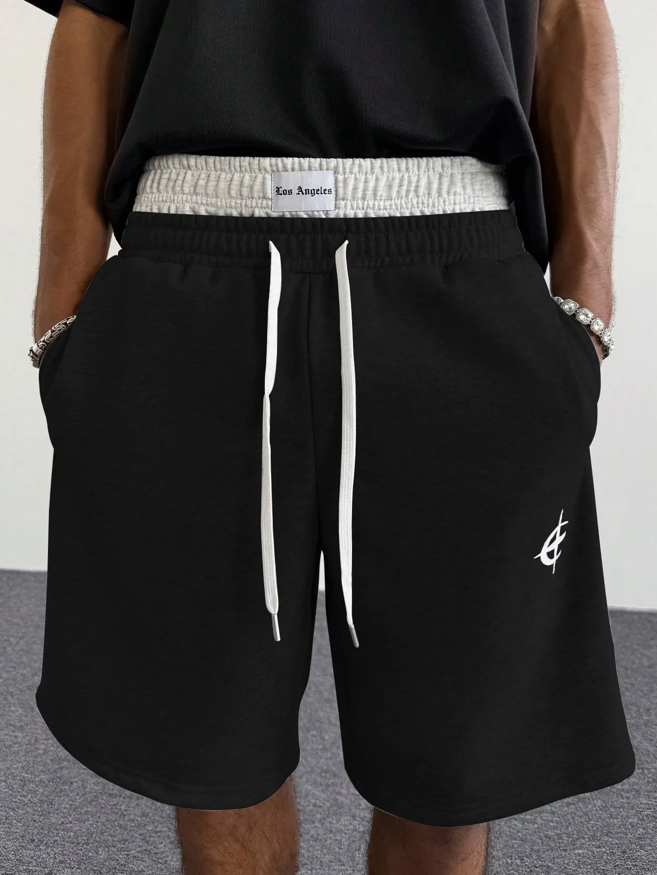 Unisex sweat shorts, 5" inseam, faux double layer waistband with embroidered drawstring, contrasting inner waistband label, niche logo embroidery, skin friendly knit fabric, relaxed straight leg, American high street streetwear for summer commuting and gy
