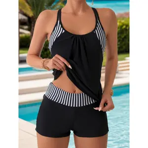 Women's Patchwork Print Ruched Double Strap Tankini Top & Swim Shorts Set, Tankini Swimsuits Sets Bathing Suits for Women Summer Tummy Control Swimwear, Boho Adjustable Spaghetti Strap Swim Top & Swim Shorts, Curve Swimwear UK, Tankini Swimwear