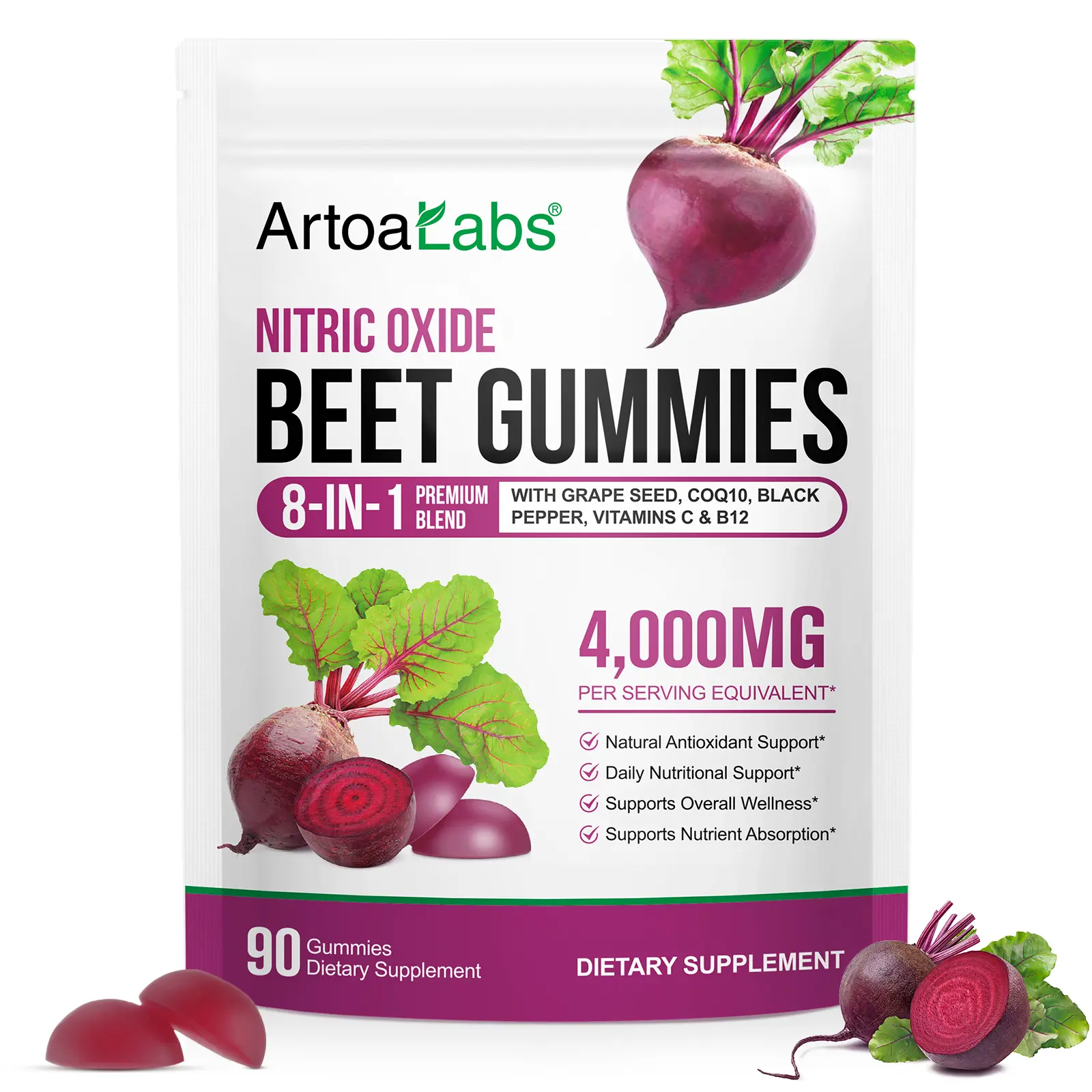 ArtoaLabs Sugar-Free Beetroot Supplement Chewables, 90-Count 8-in-1 Dietary Fitness Healthcare Prop 65 Safe Nutritional Supplements with Natural Beet Extract, CoQ10, Grapeseed Extract, Vitamins B12 & C for Nitric Oxide Antioxidant Support & Energy Boost