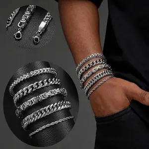 5PCS Stackable 316L Stainless Steel Bracelets Set Punk Cuban Link Bracelet - Chunky Chain Hypoallergenic Chic Embossed Fingerprint Twist Chain Festivals, Birthdays, and Special Occasions Party Jewelry Valentine's Day Gift