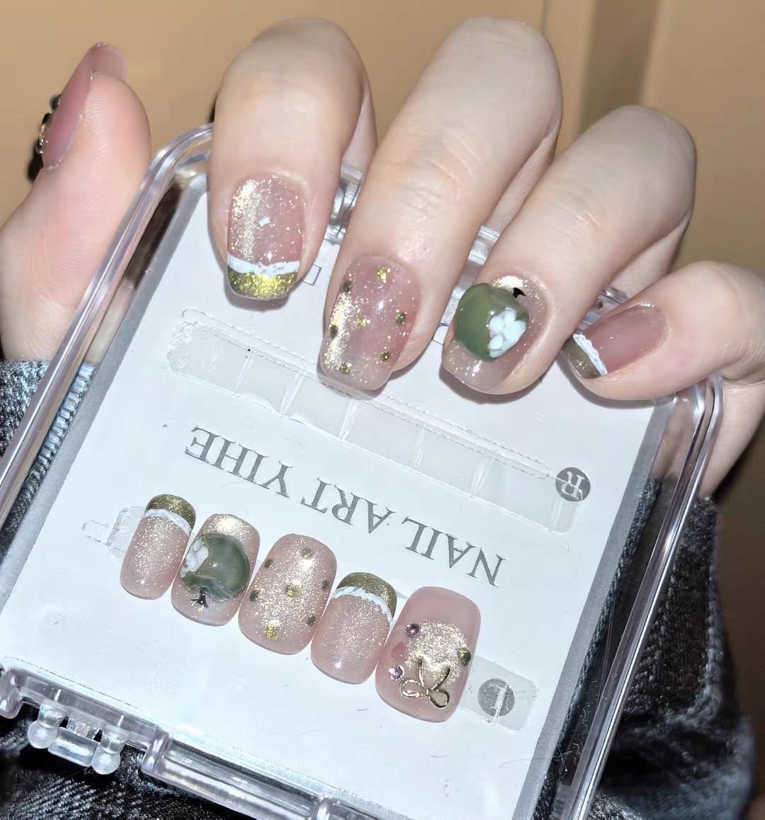 【Lucy UU】New 2 Styles Sweet Short Square Press On Nails 3D Bow Green Apple Charm Design Handmade Reusable Cute Fake Nail For Women Girls