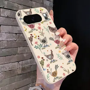 Rounded Edge Phone Case for Google Pixel 10 9 XL 8 7 Pro A  Hen Flowers Pattern Shockproof Liquid Silicone TPU Bumper Drop Protection Cover Smartphone Casing