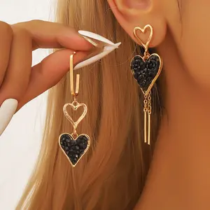 Elegant and Luxurious Double Love Heart Stud Earrings, Long Asymmetrical Black Heart Tassel Earrings