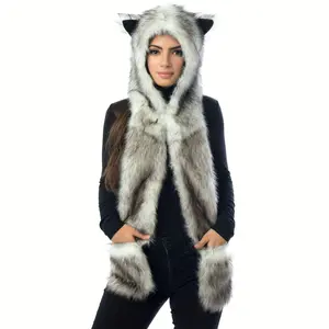 White Wolf Hooded Fursuit with Scarf, Gloves & Paws 3in1 Halloween Costume