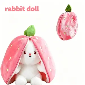 7-Inch Creative Strawberry-to-Long-Eared-Rabbit Plush Toy(#SummerVibes) — Double-Sided Reversible with Zipper — Cute Stress-Relieving Doll, Holiday Gift, Easter & Children's Birthday Present