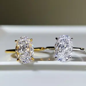Oval Cubic Zirconia Solitaire Ring for Women, S925 Sterling Silver 4-Prong, Golden/Silver Plated Thin Band, Stacking Engagement Promise Ring, Dainty Hypoallergenic Gift