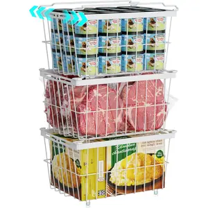 Deep Freezer Organizer Bins, 3 Pack Expandable Freezer Baskets for 5 to 7 Cu.ft Chest Freezers, Stackable Wire Bins with Handles Easy Access Food, Scratch Resistant, White