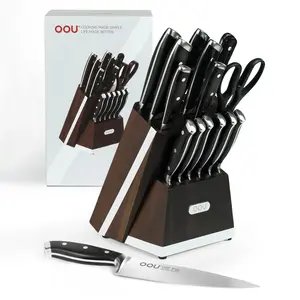 OOU 15-Piece Kitchen Knife Set with Block, German Stainless Steel Knife Blcok Set with Sharpening Rod , Ergonomic Wood Handle, Premium Cutlery Set with Steak Knives