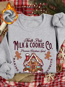 Christmas Pattern Sweatshirt, Womenswear Tops, Polar Milk & Cookies Vintage Holiday Design, Gingerbread House & Baking Text, Casual Round Neck Fitted, Fall&winter