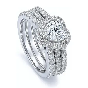 BERRICLE Sterling Silver Halo Heart Engagement Rings Statement Stackable Band Insert Ring Set for Women, Heart Shaped Cubic Zirconia CZ