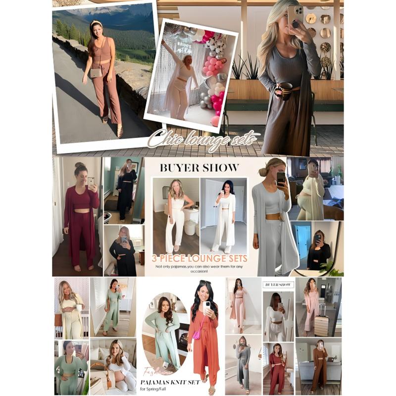 Tankaneo Womens 3 Piece Lounge Sets Pajamas Knit Long Sleeve Cardigan Crop Top Wide Leg Pants Loungewear Set