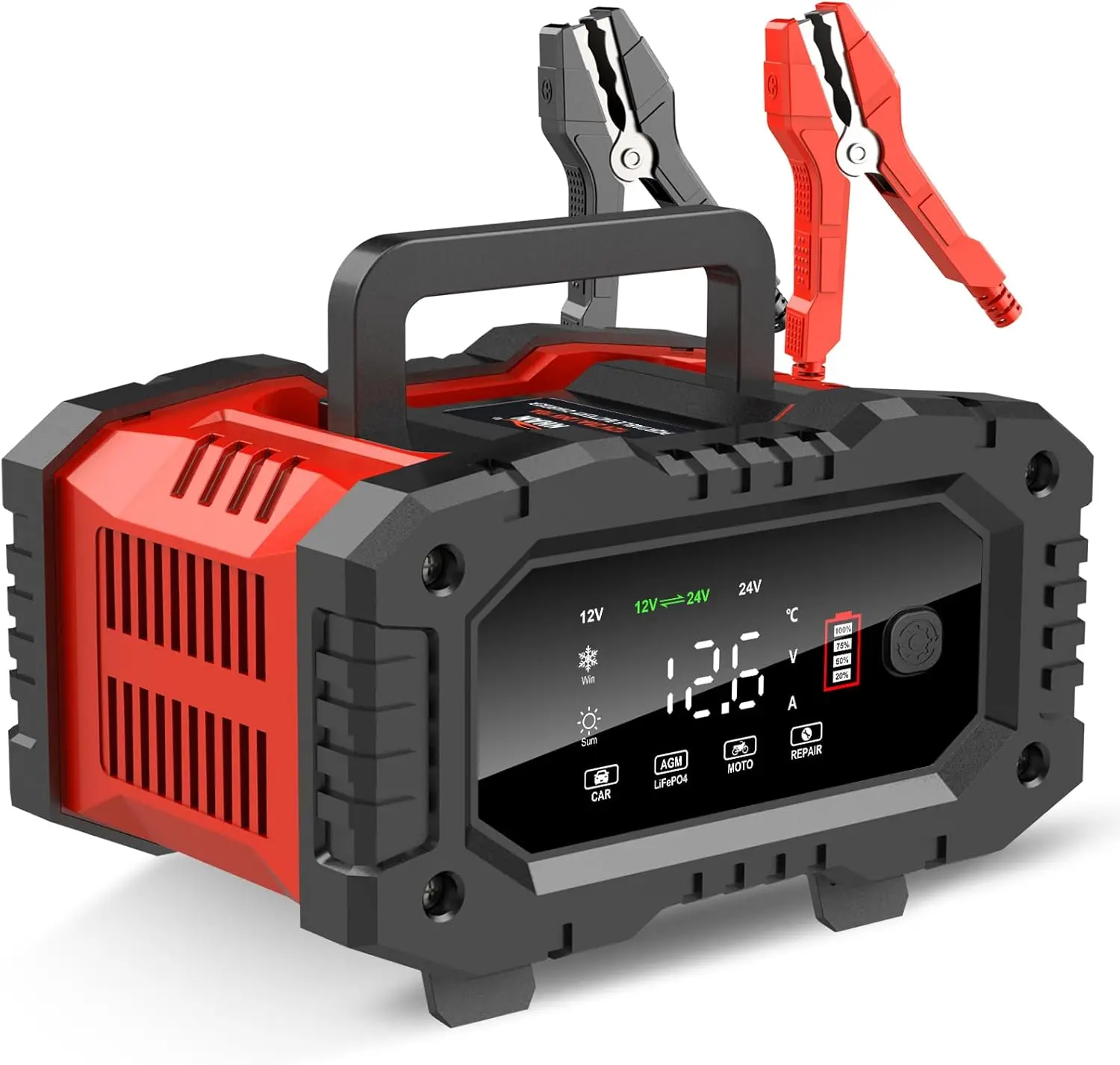 20A 12V 24V Smart Battery Charger Fully Automatic Car Truck Boat RV LiFePO4 Lead Acid AGM Gel Deep Cycle Battery Maintainer Trickle Charger with Repair Mode Winter Mode and Temperature Compensation for Automotive Marine Home Garage Use