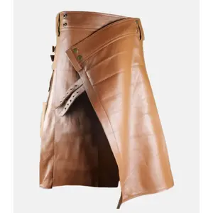 Men's Stylish Tan Brown Leather Kilt with Side Ample Pockets