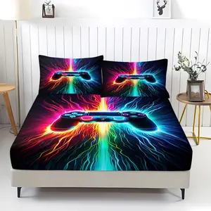 3pcs Neon Electric Gaming Controller Print Fitted Sheet Set, Breathable, Wear-Resistant, And Adjustable Trendy Bedding Set. A Washable Mattress Cover Protector for Cyberpunk Style Bedroom Decor, Available in Multiple Sizes