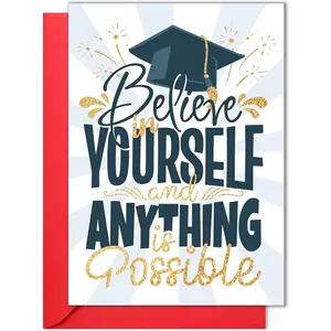Graduation Card – Inspirational Believe in Yourself Design Gold Glitter – 5x7 Folded Greeting Card with Red Envelope – Motivational Congrats Gift for High School, College, Nursing, Kindergarten, Middle School Grad