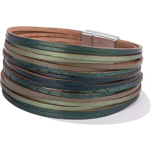 Boho Leather Wrap Bracelet Stackable Layered Bangle Cuff with  Clasp