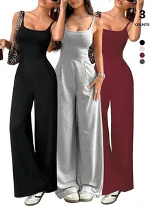 2026 Women's Solid Backless Fit Plicated Chic Camijumpsuit, Sleeveless Spaghetti Strap Square Neck, Fitted Wide Leg Jumpsuit for Summer