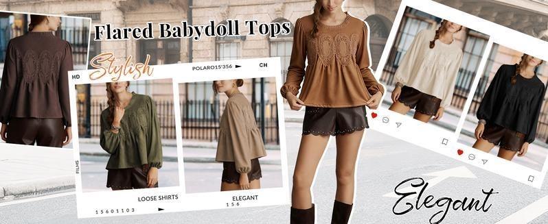 WoodBerry Women's Lace-Detail Suede Flared Blouse Long Puff Sleeve Crew Neck Flared Swing Babydoll Tops Elegant Intricate Mesh Loose Shirts WoodBerry Women's Lace-Detail Suede Flared Blouse Long Puff Sleeve Crew Neck Flared Swing Babydoll Tops Elegant Intricate Mesh Loose Shirts