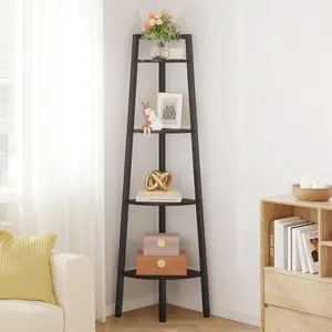 Corner Shelf, 4-Tier Corner Bookshelf, Rustic Ladder Shelf, Industrial Display Stand for Living Room, Kitchen, Home Office, Balcony, Small Space, Metal Frame, Black
