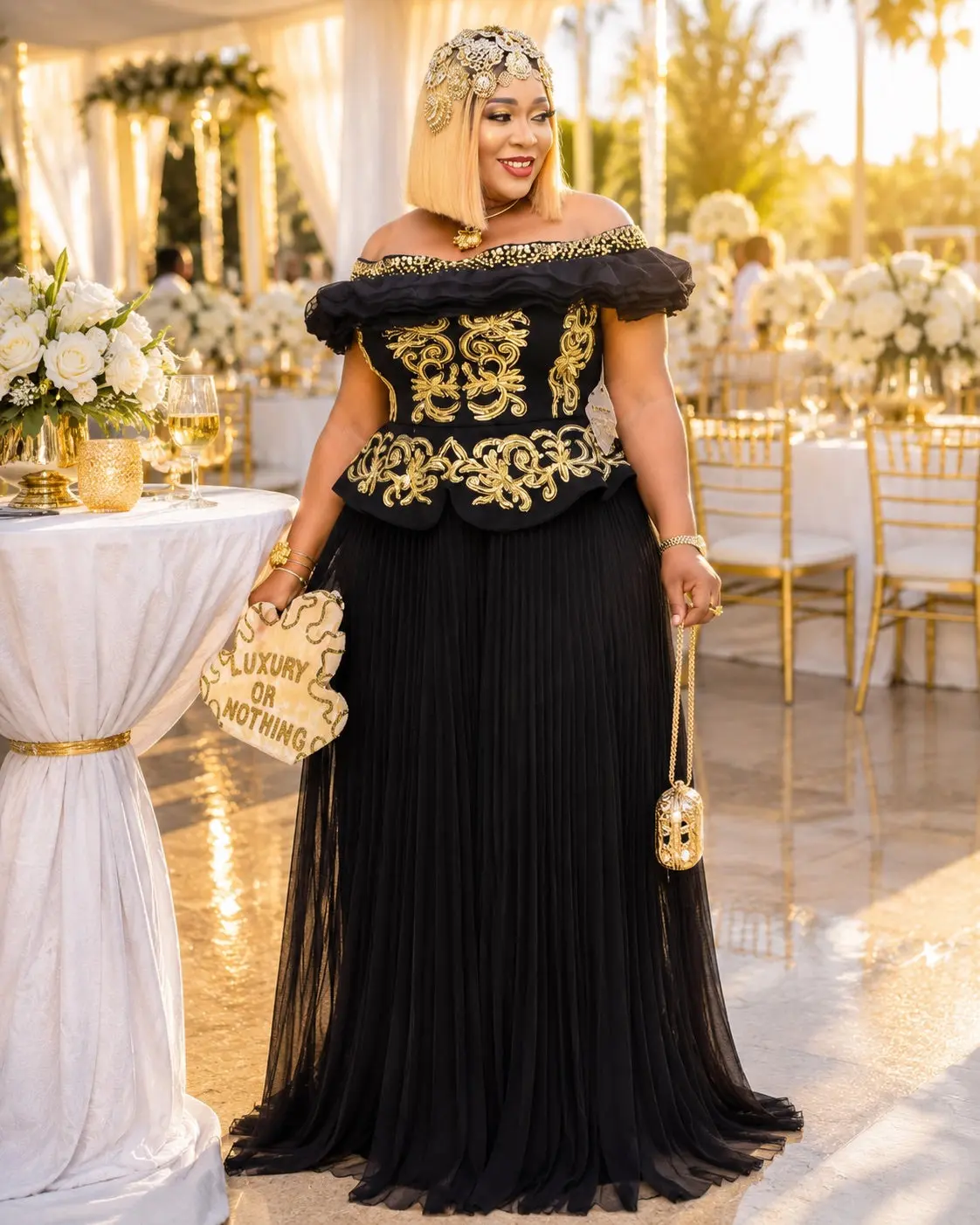 Black Off-The-Shoulder Ruffle Embellished Pleated A-Line Dress for Black Tie Wedding Guest Attire Mother of The Bride Formal Evening Gown