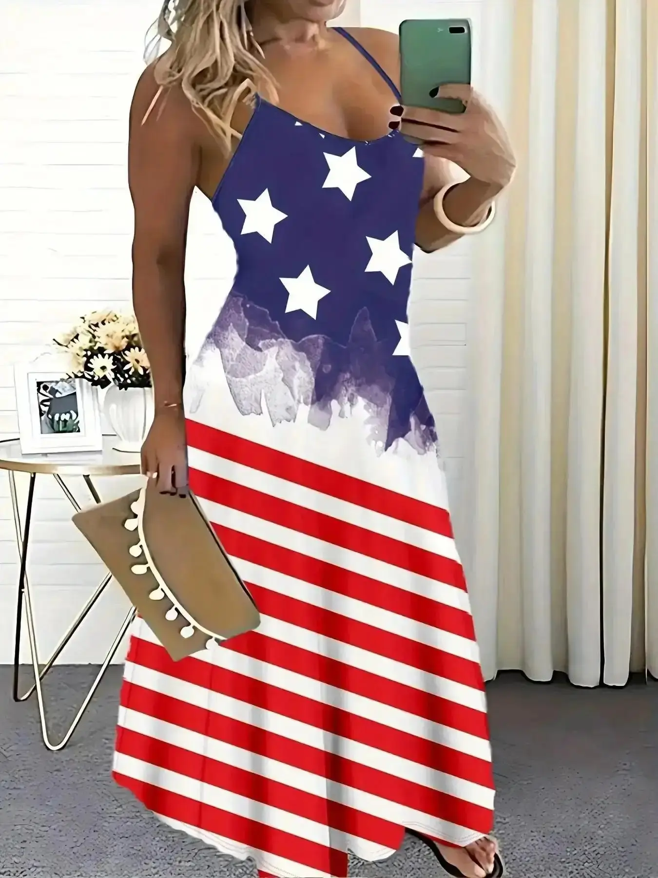 American flag/Independence Day themed Fashionable women's casual sleeveless sundress with flag print made of stretchy summer fabric suitable for everyday wear and comfortable Beach Womenswear flattering fit