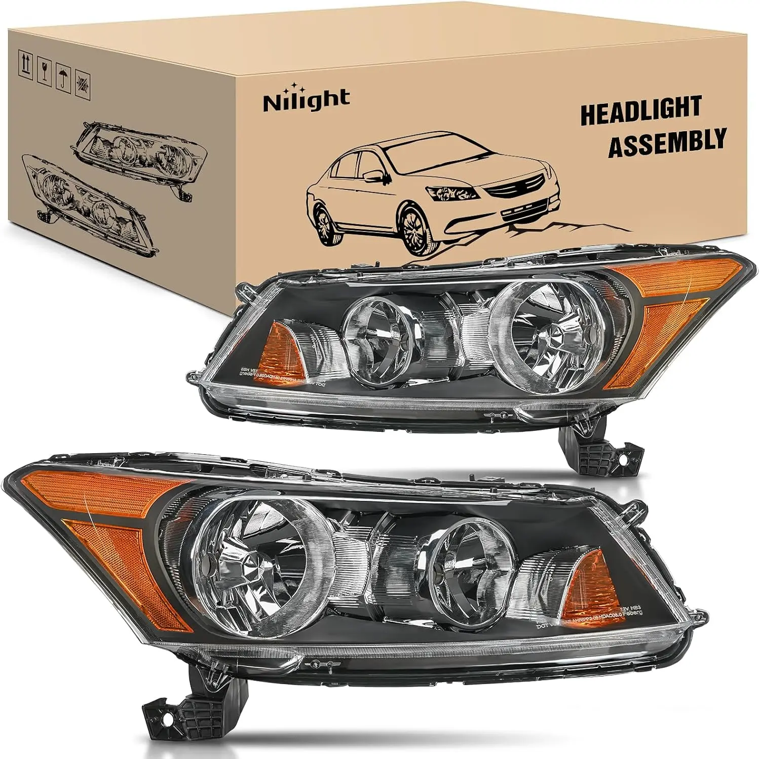 Nilight LED Headlights Assembly with High Beam Bulb for Honda Accord Sedan 2008-2012, Driver & Passenger Side, Black Housing, Amber Reflector, Longer Vision, IP65 Waterproof, DOT/SAE Safe, Car Lighting, OE Standard, Plug-and-Play, Salt Spray Tested, Brigh